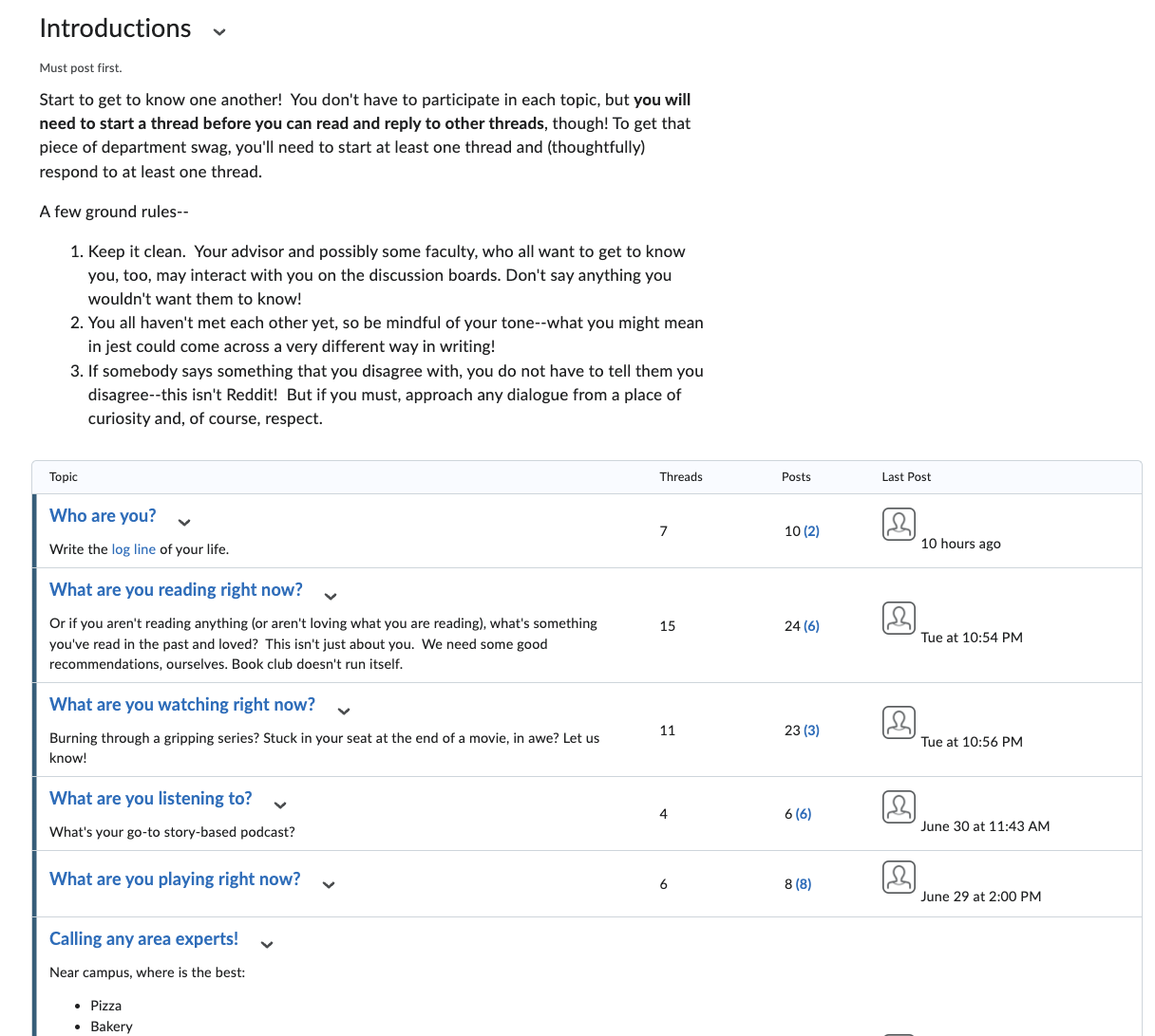 Students participate in discussion boards to get to know one another before their arrival on campus