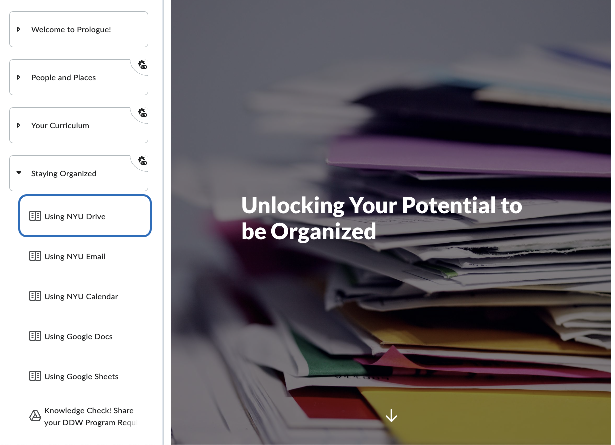 Students navigate through Prologue to the Staying Organized section of Prologue