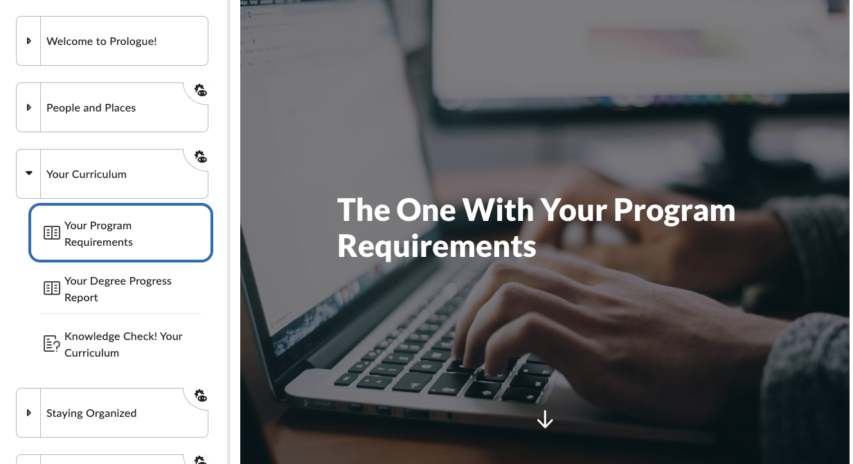 Students navigate through Prologue into the Program Requirements section.