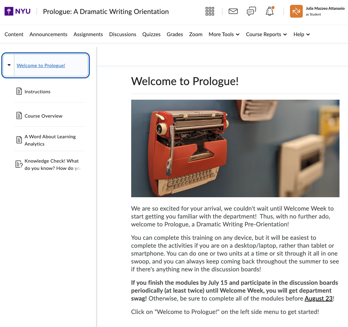 The Prologue Welcome page on Brightspace introduces students to the training.
