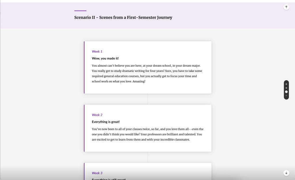 A narrative describes a new student's excitement during the first couple of weeks of college.