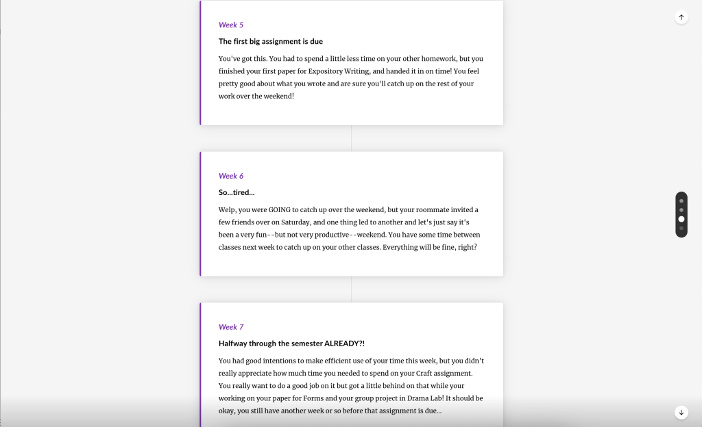 The narrative describes the student's experience of fatigue at mid-semester as they start to fall behind.