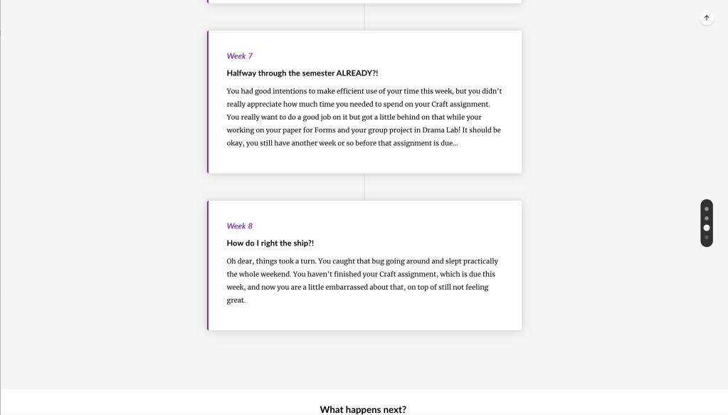 The narrative concludes, with the student suddenly very behind on their work and catching a bad cold.