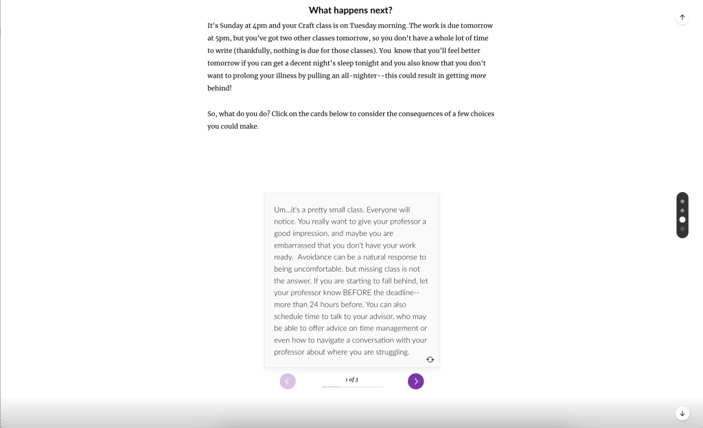 A scenario describes the consequences of skipping class to sleep.