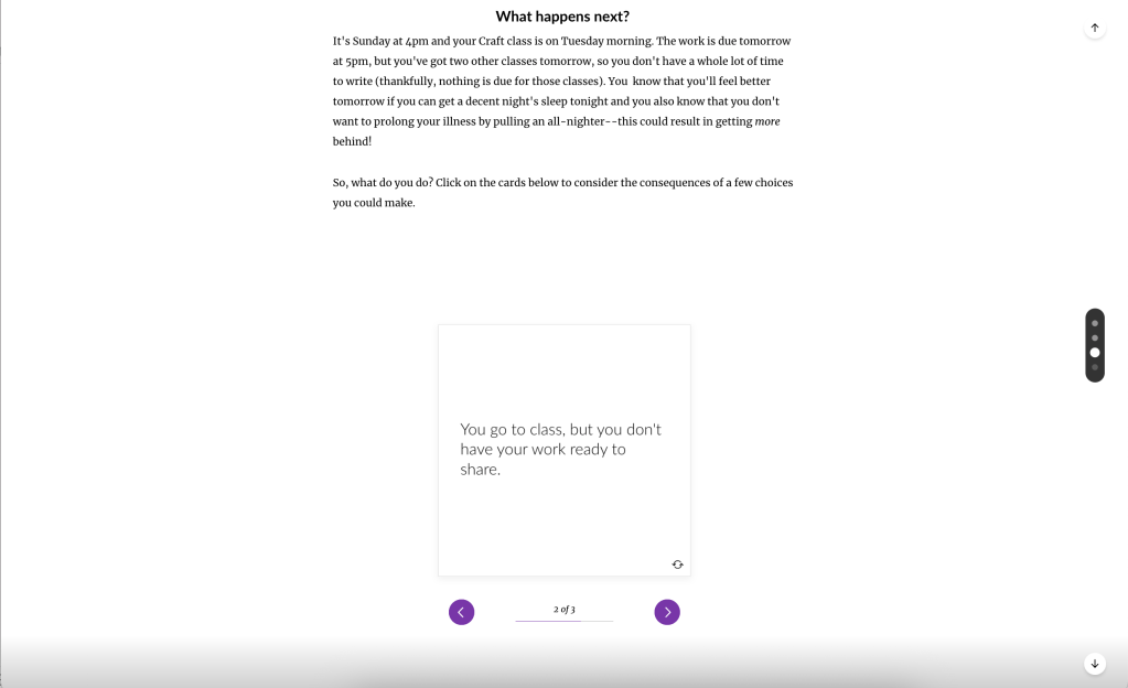 A scenario describes the student going to class but without their homework.