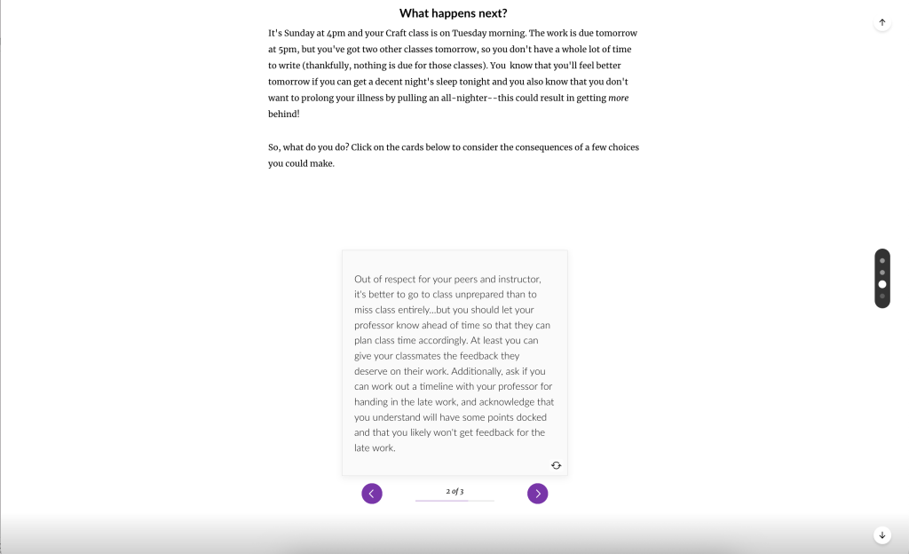 A scenario describes the consequences of going to class without completing the assigned work.
