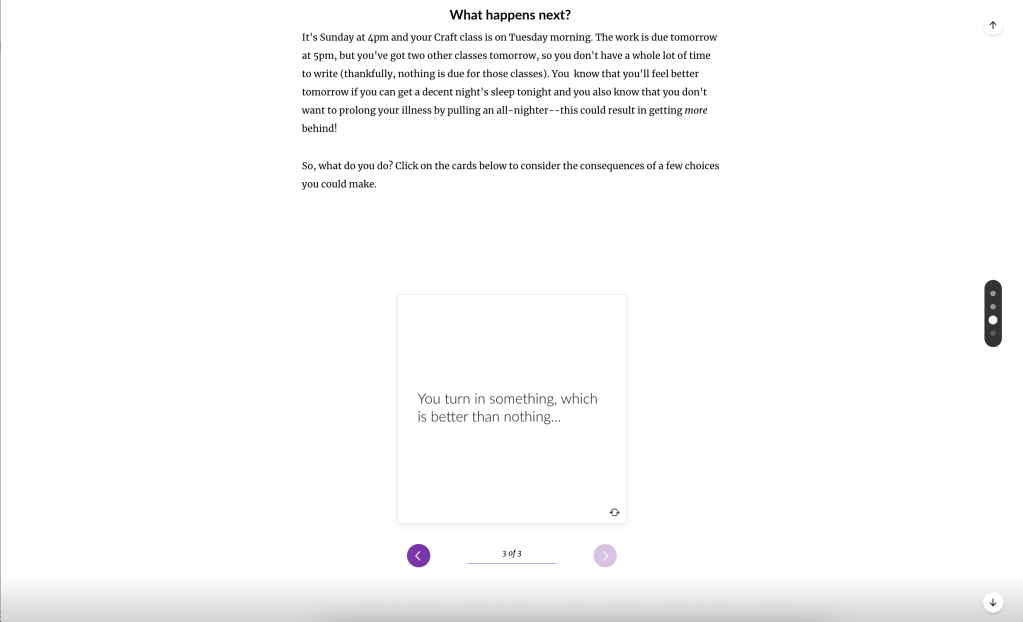 A scenario describes the student turning in imperfect work on time.