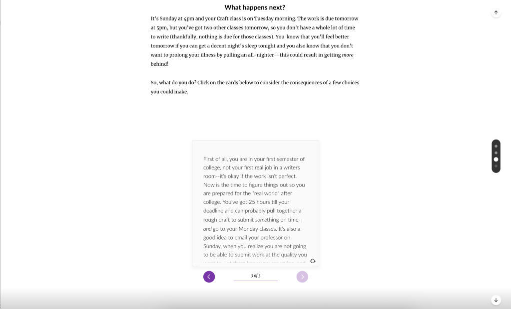 A scenario describes the consequences of showing up for class and for their classmates.